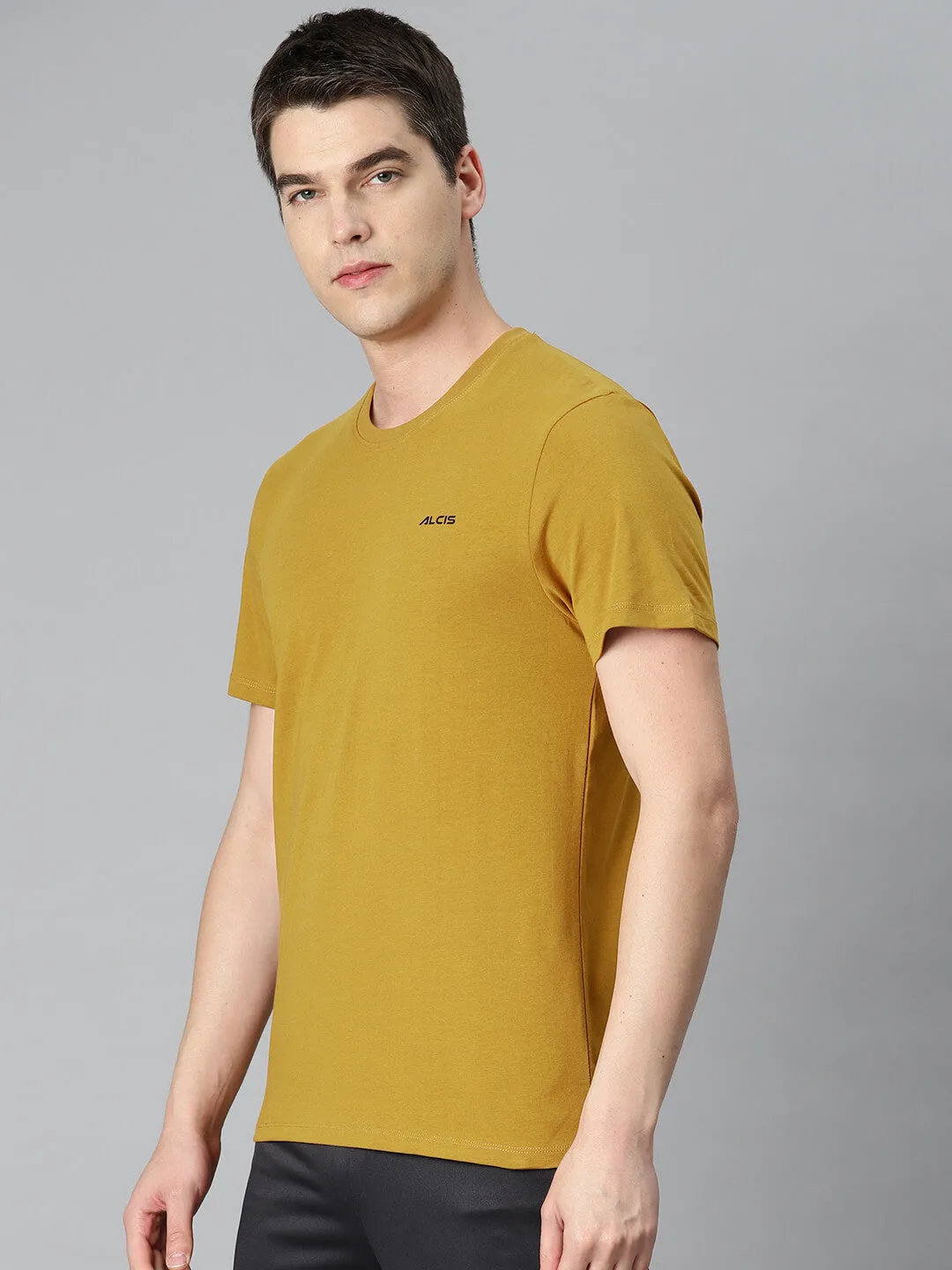 Alcis Men Mustrad Yellow Printed Sports T-shirt Lightweight Composite Tight Net