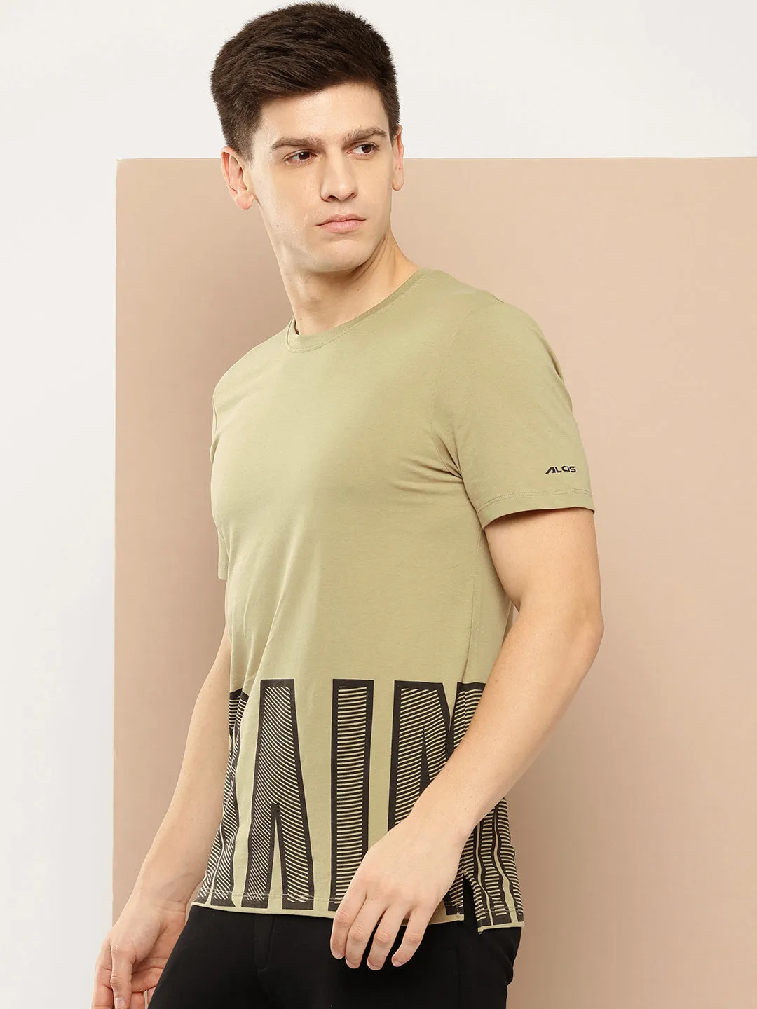 Alcis Men Khaki Typography Printed Dry Tech Slim Fit Sports T-shirt WindResistantWeave Eco Core
