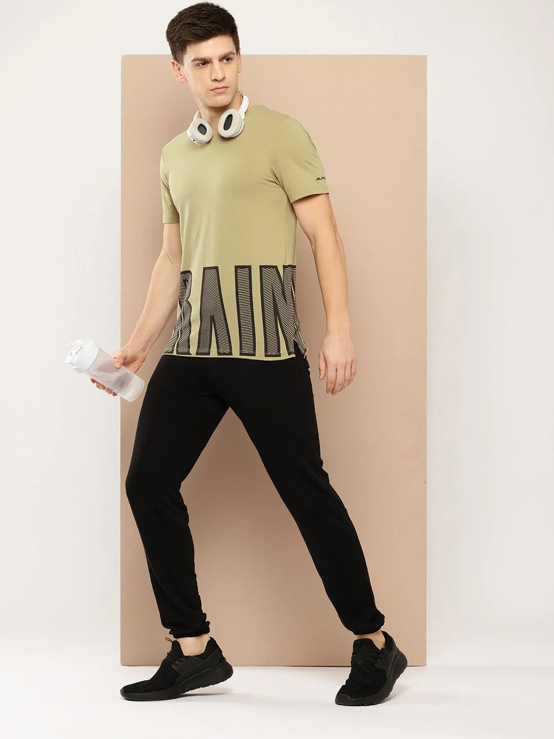 Alcis Men Khaki Typography Printed Dry Tech Slim Fit Sports T-shirt Ocean Air