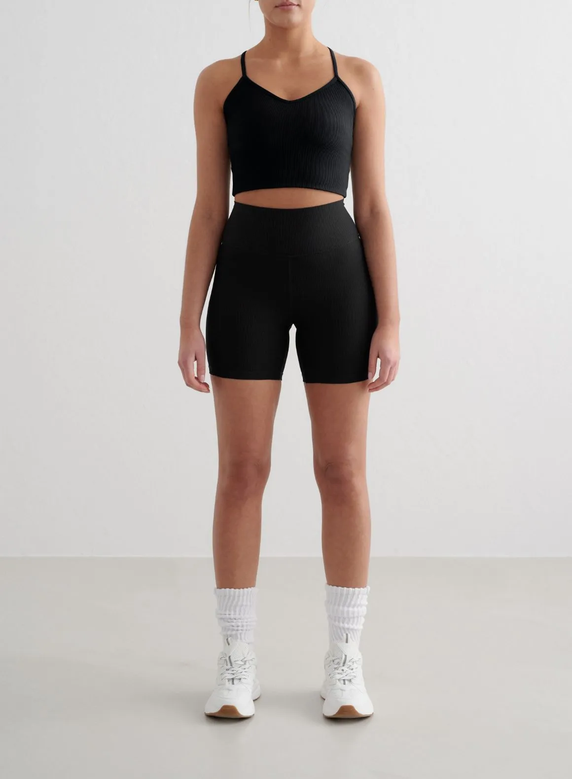Black Ribbed Performance Midi Biker Shorts Stretch waistband Sweat Wicking Lining