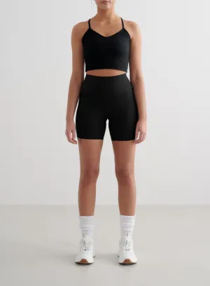 Black Ribbed Performance Midi Biker Shorts Stretch waistband Sweat Wicking Lining