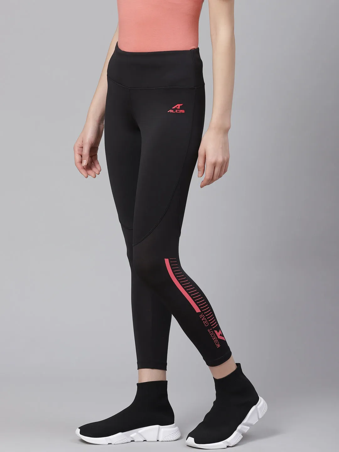 Alcis Women Black Solid Cropped Training Tights Shaping Contour Lines Elastic hemline