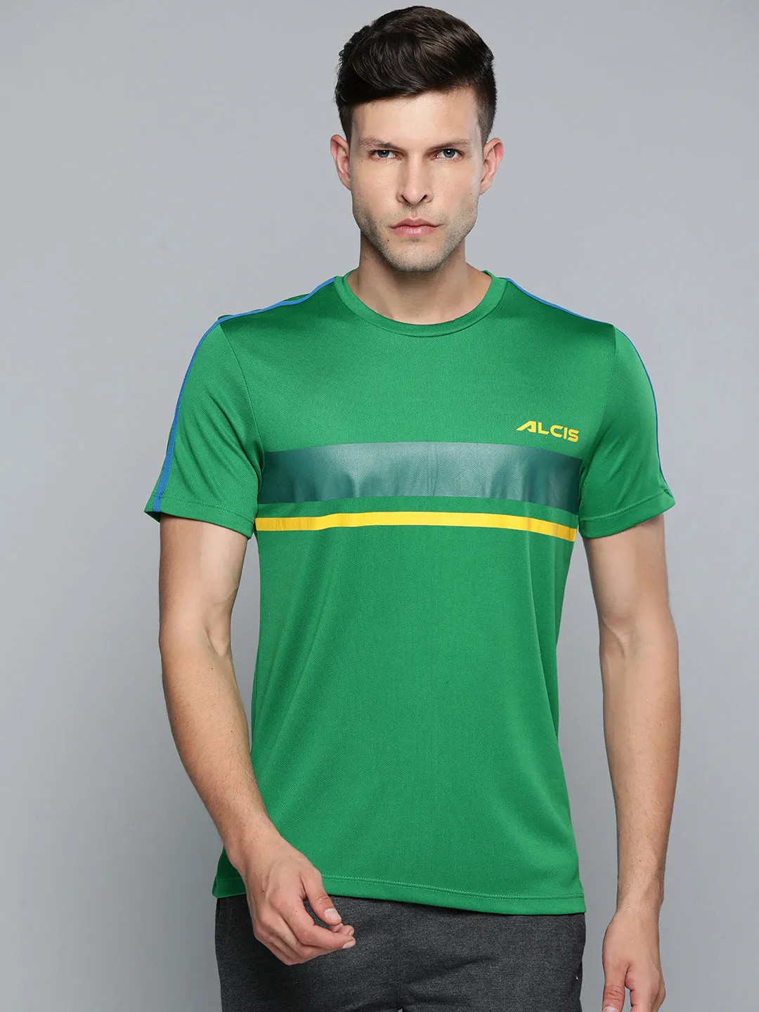 Alcis Men Green Striped Slim Fit T-shirt AdjustableWaistband