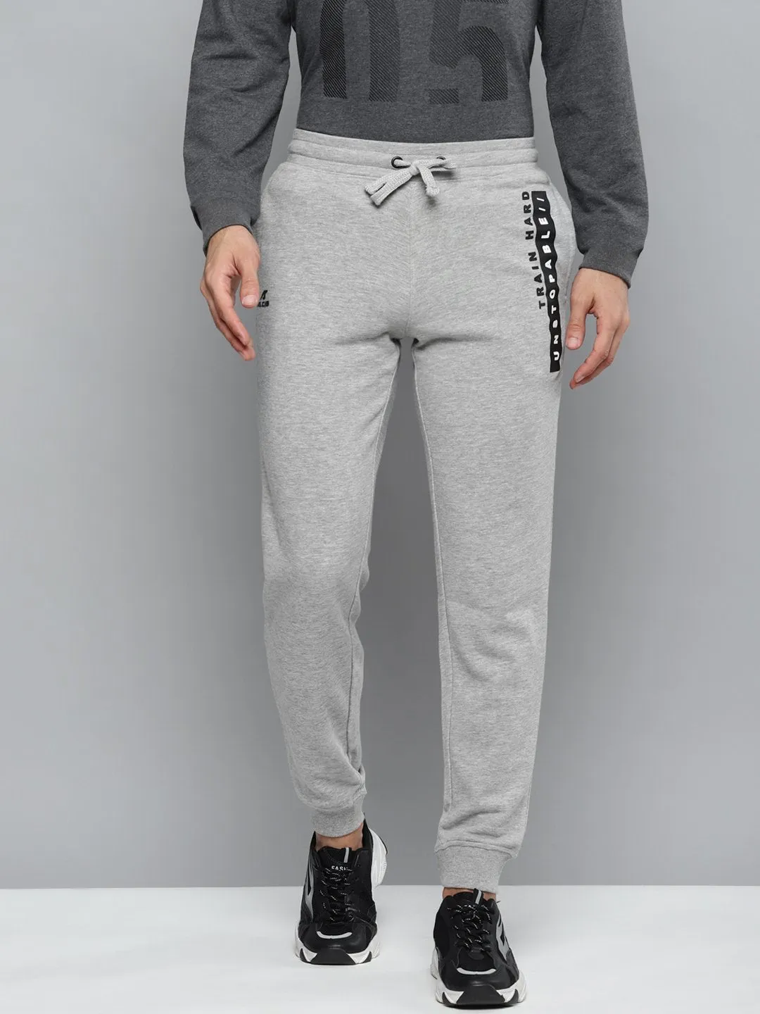 Alcis Men Grey Melange Solid Slim Fit Joggers with Printed Detail Classic Fit Layered Protection