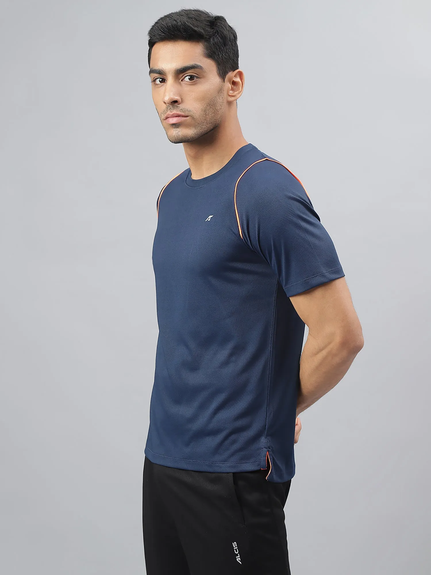 Alcis Men Navy Anti-Static Slim-Fit Round Neck Training T-Shirt Soft Jersey Star Mood