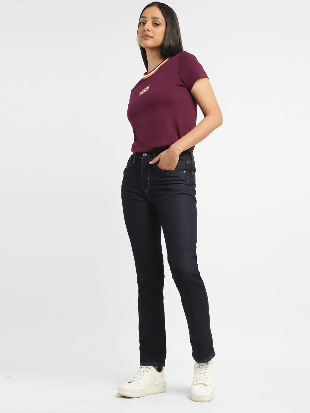 Quality Basic Casual Wear Women's 724 Navy Blue Straight Fit High Rise Jeans