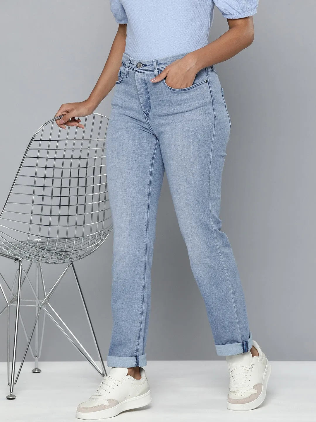 elastic waistband Multi Purpose Pockets Women's Redloop 312 Blue Straight Fit Mid Rise Jeans