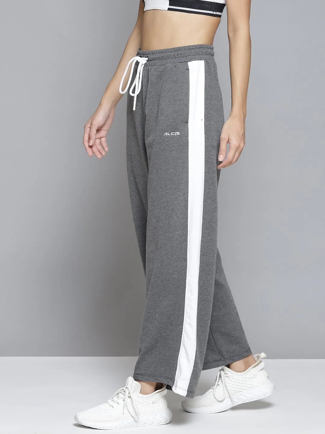 Alcis Women Grey & White Striped Relaxed Fit Joggers Side slits FadeResistantTreatment