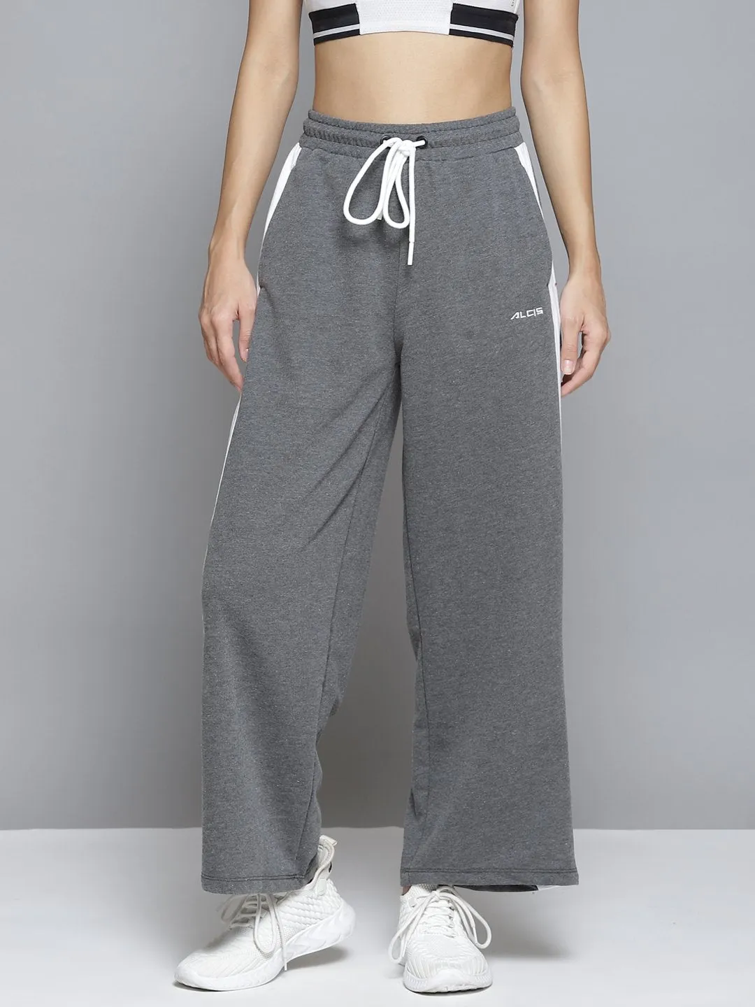 Alcis Women Grey & White Striped Relaxed Fit Joggers Sweat Resistant Tailored Silhouette