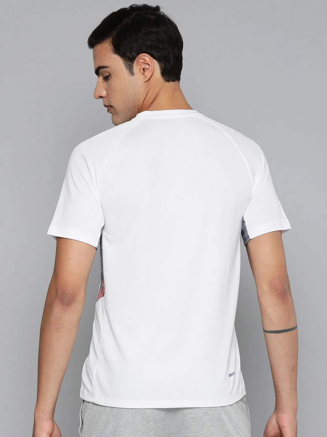 Alcis Men White Grey Colourblocked Dry Tech Slim Fit Sports T-shirt ZeroRestrictionMobility Strong Edge