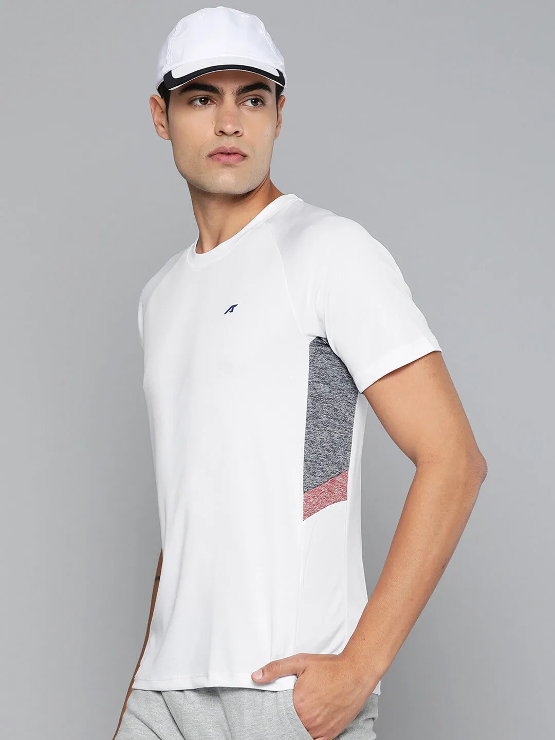 Alcis Men White Grey Colourblocked Dry Tech Slim Fit Sports T-shirt AntiStatic Lining