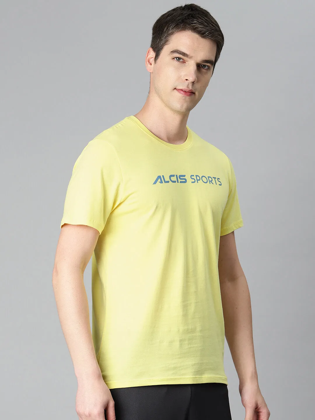 Alcis Men Yellow Typography Printed Anti Static Slim Fit Sports T-shirt Weather Guard
