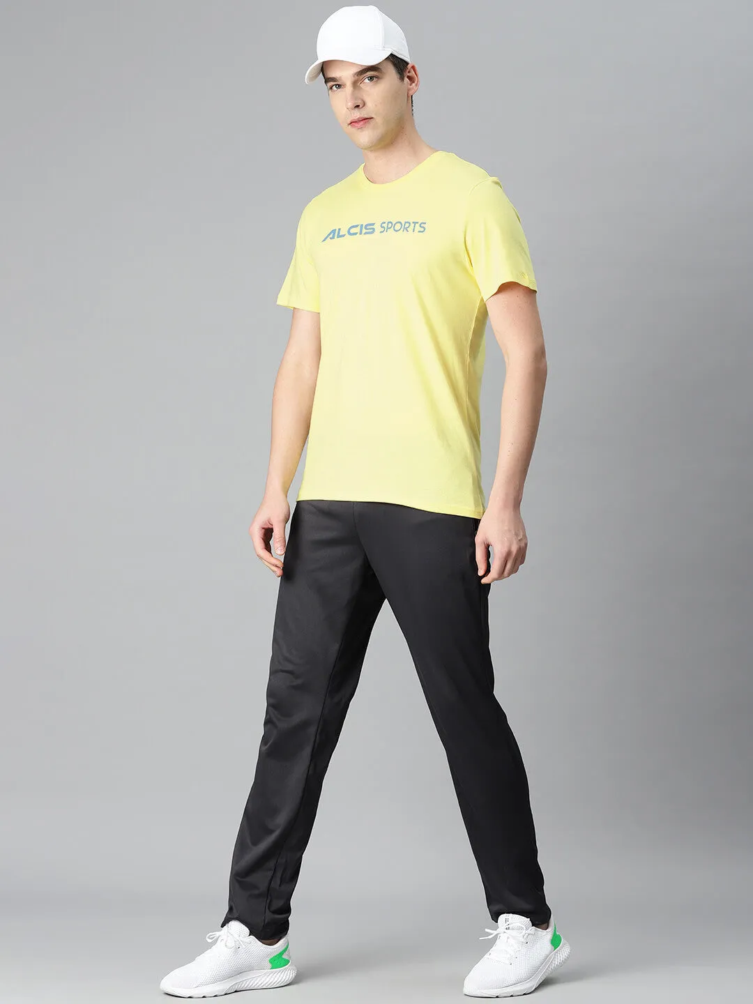 Alcis Men Yellow Typography Printed Anti Static Slim Fit Sports T-shirt BreathableFabric Nature Base