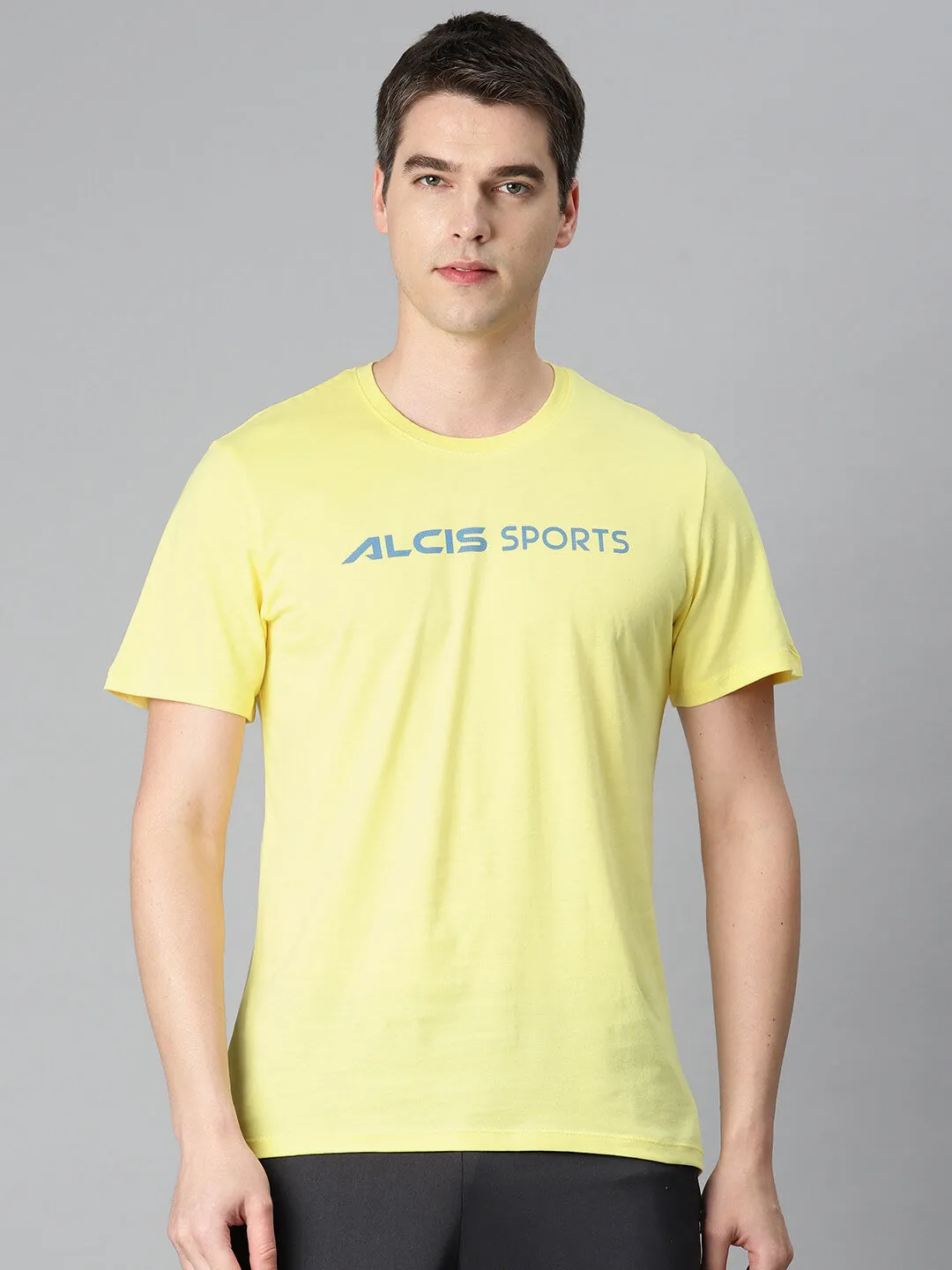 Reinforced Edges Creative Glow Alcis Men Yellow Typography Printed Anti Static Slim Fit Sports T-shirt