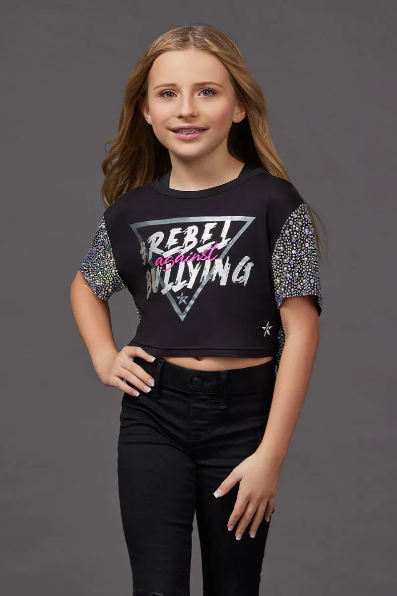 Mesh Crystal Couture Rebel Against Bullying Cropped Tee - Special Order Easy Go Warm Base