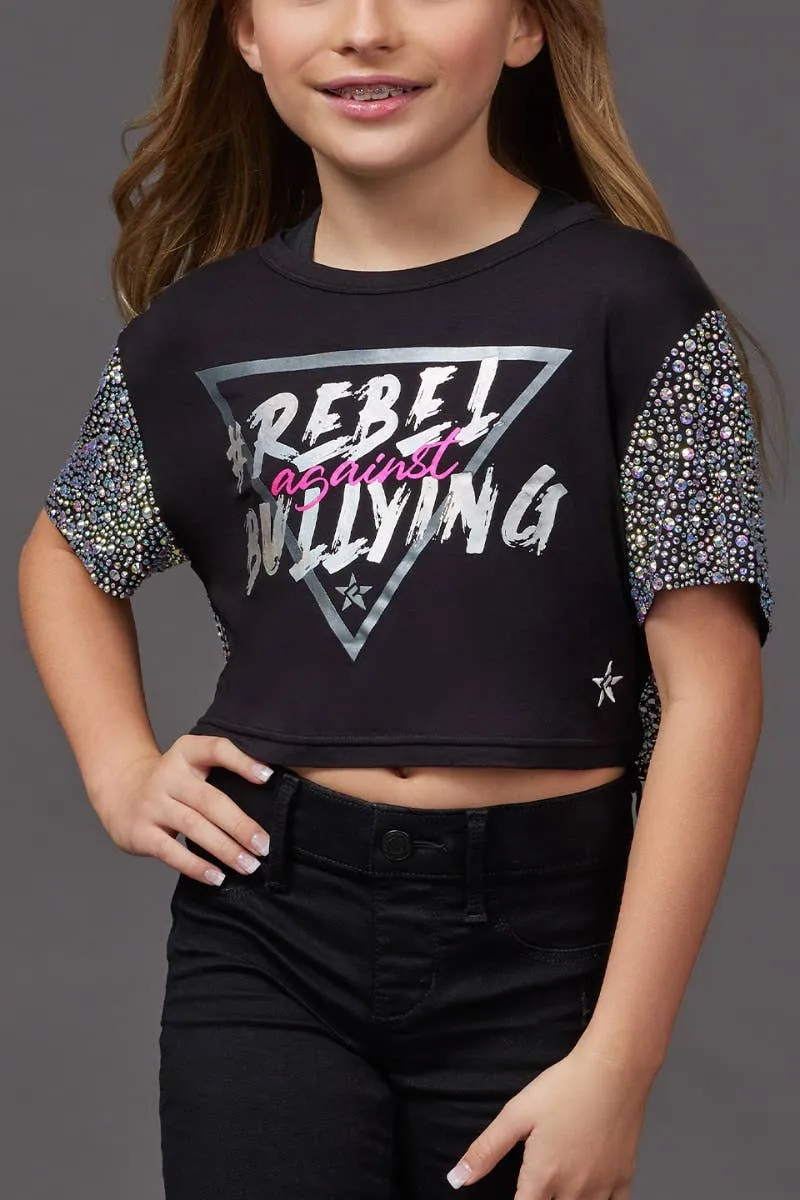 Mesh Crystal Couture Rebel Against Bullying Cropped Tee - Special Order Beach Fit