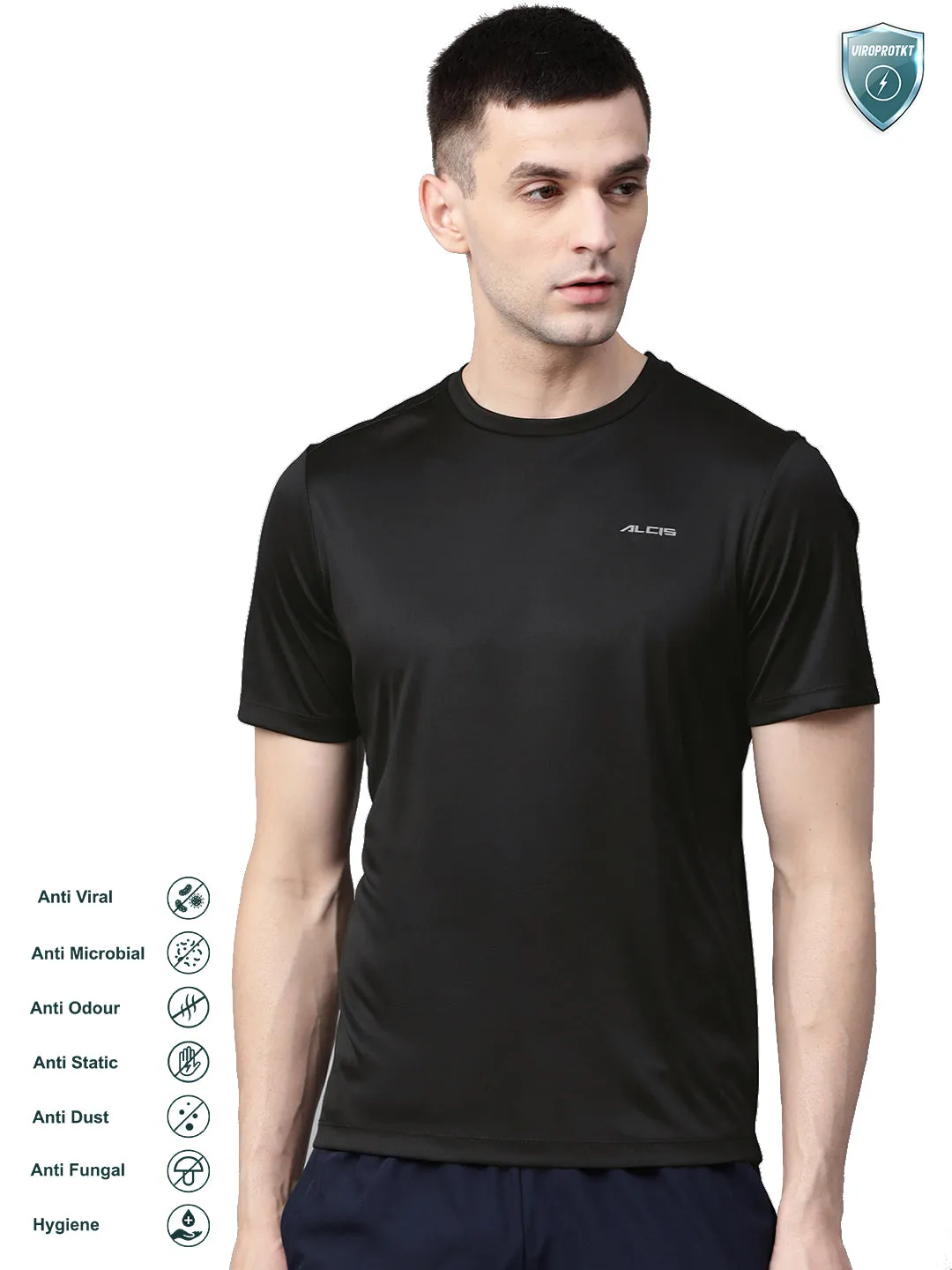 Alcis Men Black Slim Fit Solid Round Neck VIROPROTKT Training T-shirt Elite Vibe Icon Glow