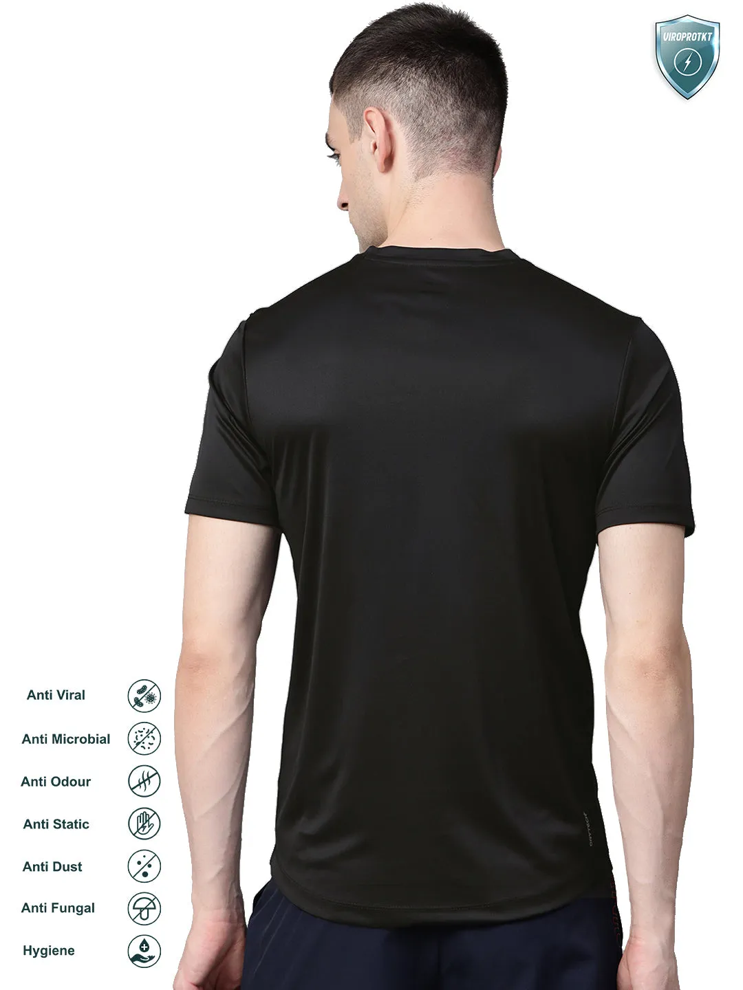 Vision Glow Alcis Men Black Slim Fit Solid Round Neck VIROPROTKT Training T-shirt