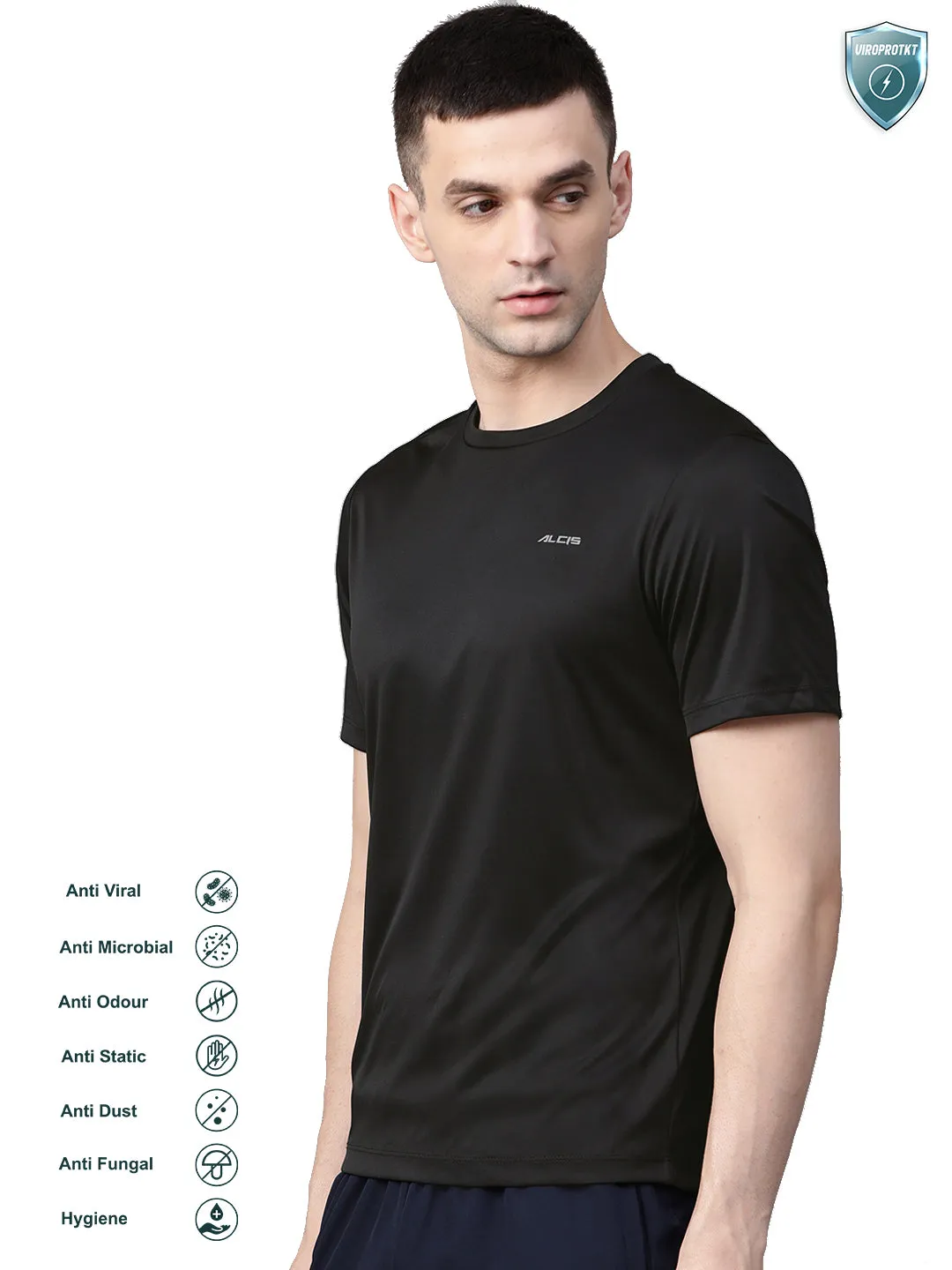 SeamFreeEngineering Country Core Alcis Men Black Slim Fit Solid Round Neck VIROPROTKT Training T-shirt