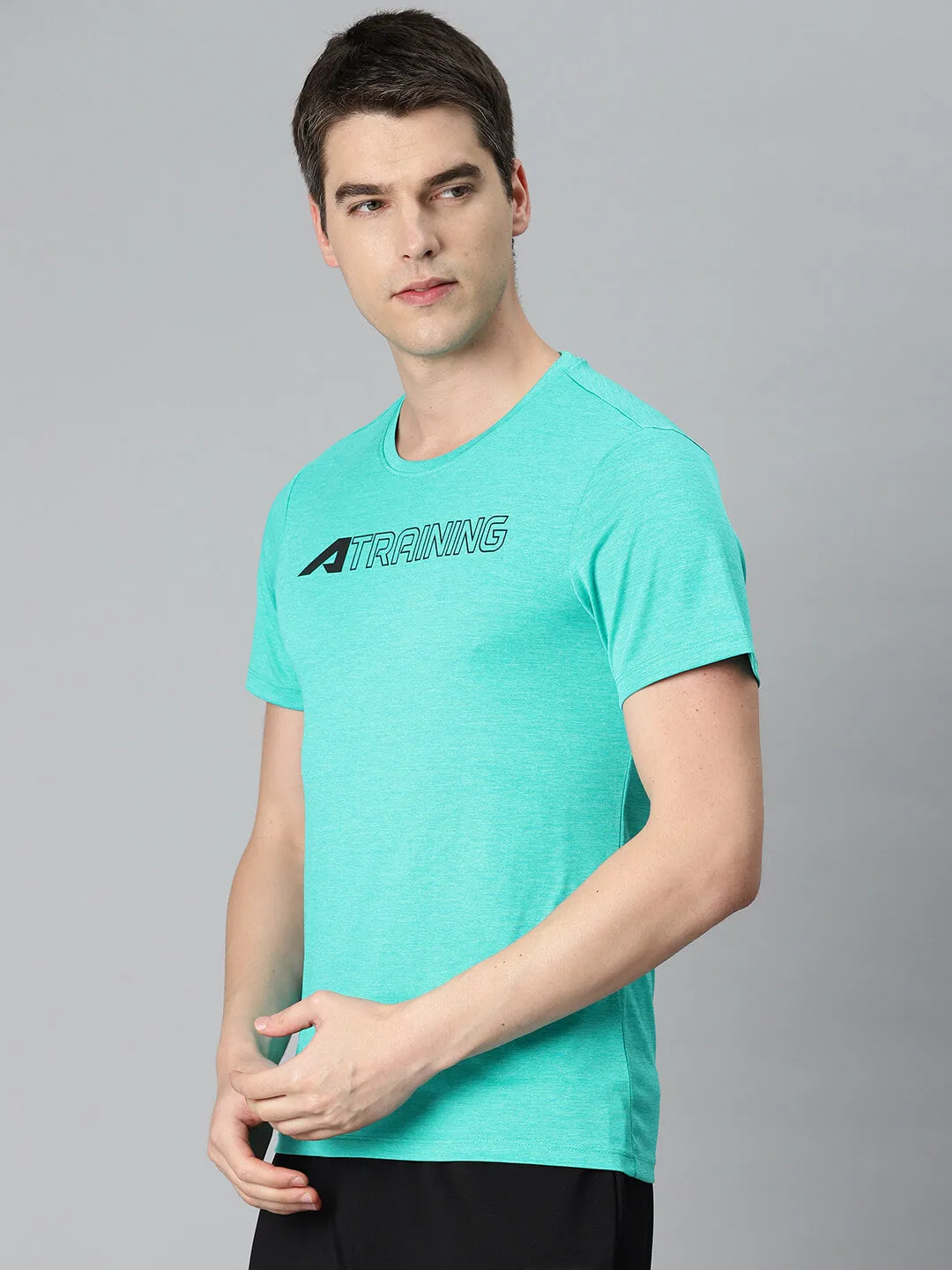 Photo Fit Alcis Men Turquoise Blue Typography Printed Anti Static Slim Fit Sports T-shirt