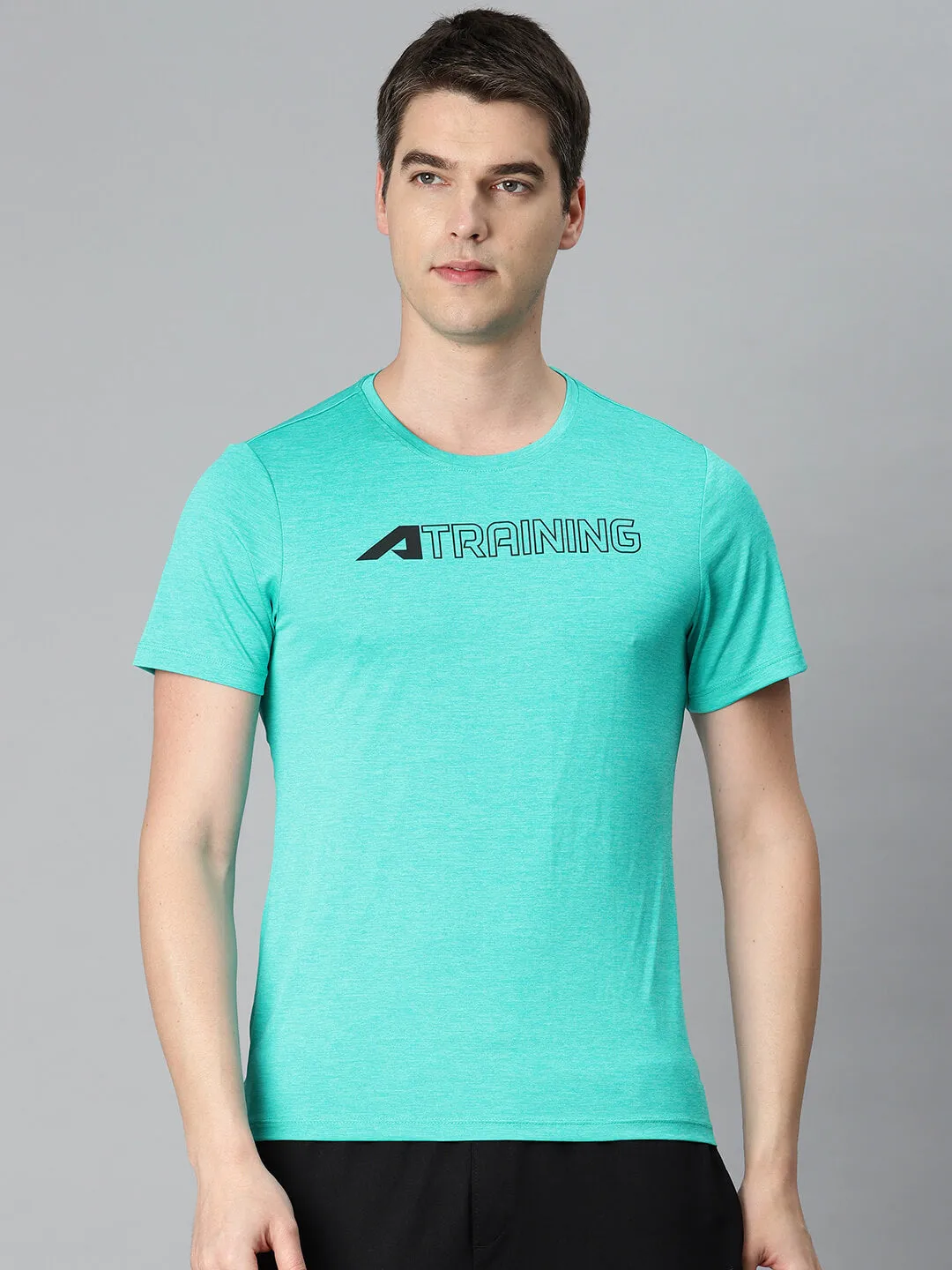 Alcis Men Turquoise Blue Typography Printed Anti Static Slim Fit Sports T-shirt Sustain Glow Utility Mode