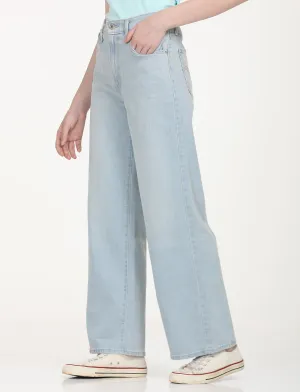Women's Light Blue Wide Leg Fit High Rise Jeans Textured Party Look Soft All Time Fit
