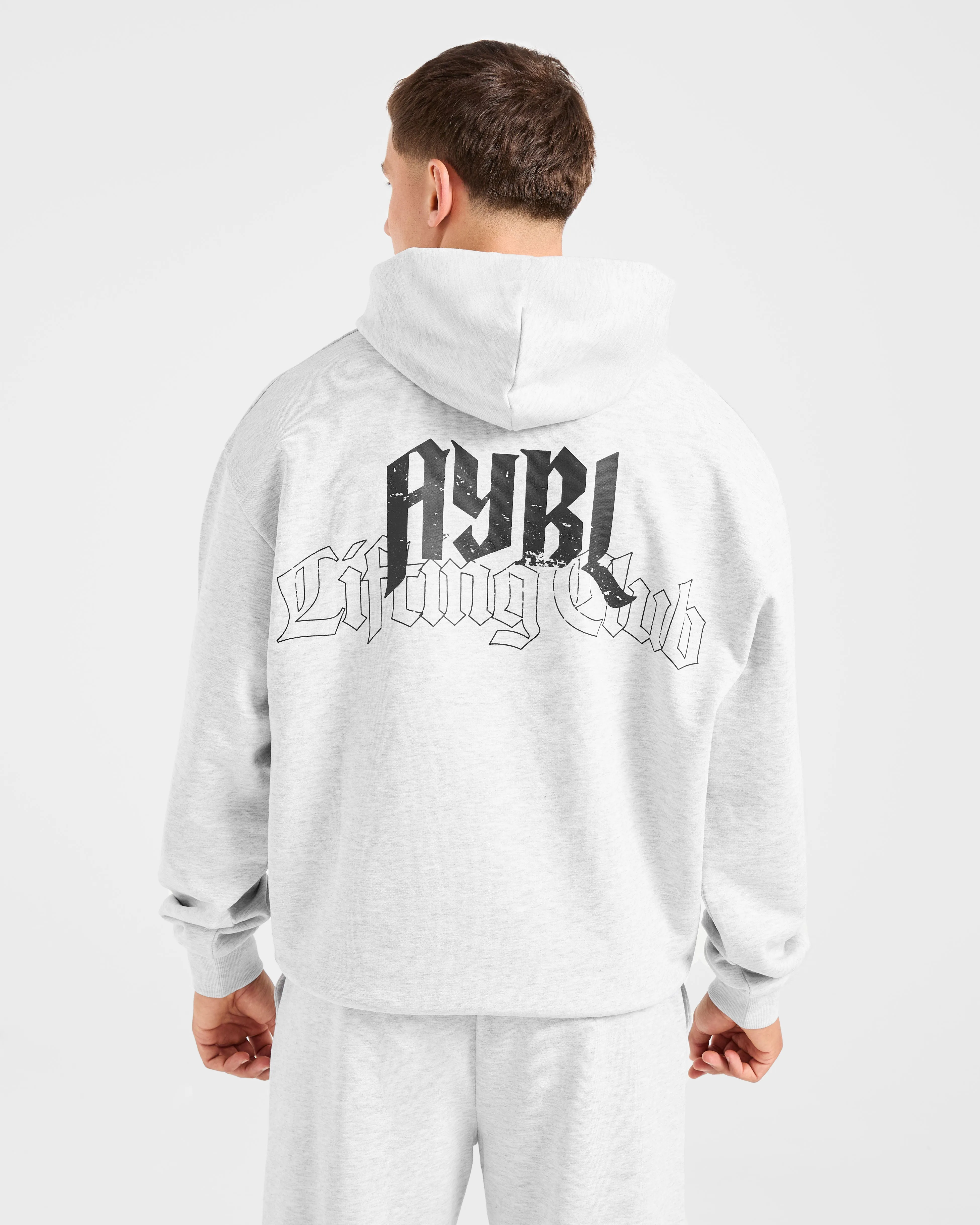 Minimal Comfort Lifting Club Gothic Oversized Hoodie - Grey Marl