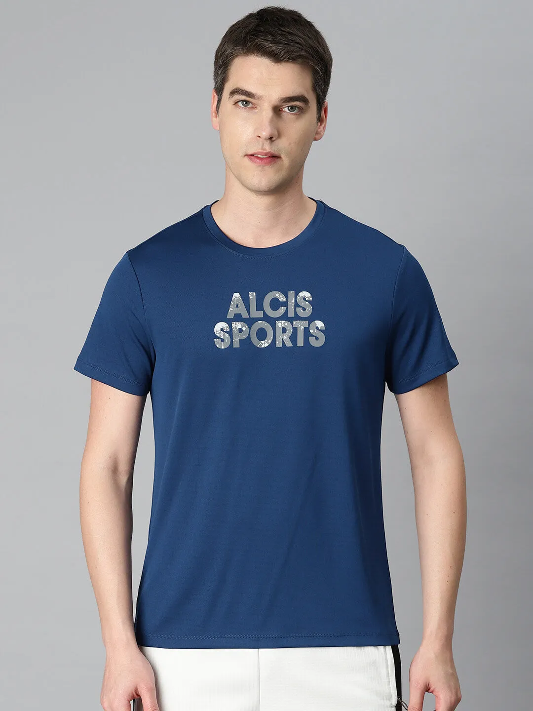 Alcis Men Navy Blue Typography Printed Anti Static Slim Fit Sports T-shirt LowMaintenanceFabric MoistureManagementSystem