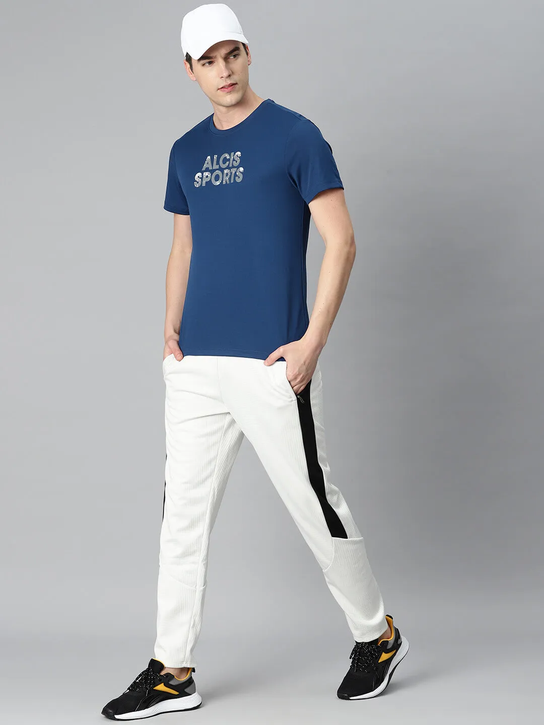 WaterRepellentFinish London Edge Alcis Men Navy Blue Typography Printed Anti Static Slim Fit Sports T-shirt