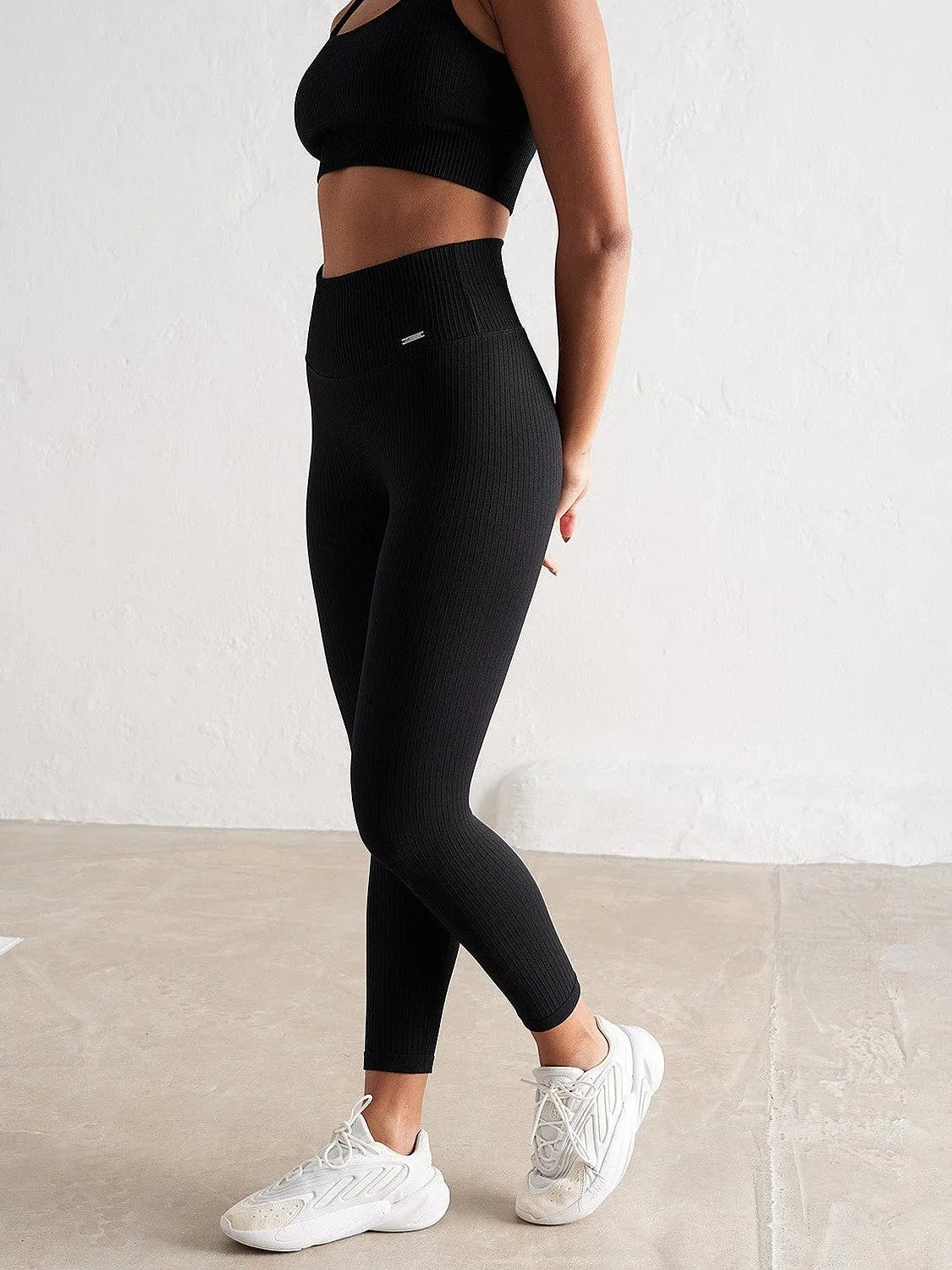 Black Ribbed Seamless Tights Stretch Fit Daily Routine Stay Cool