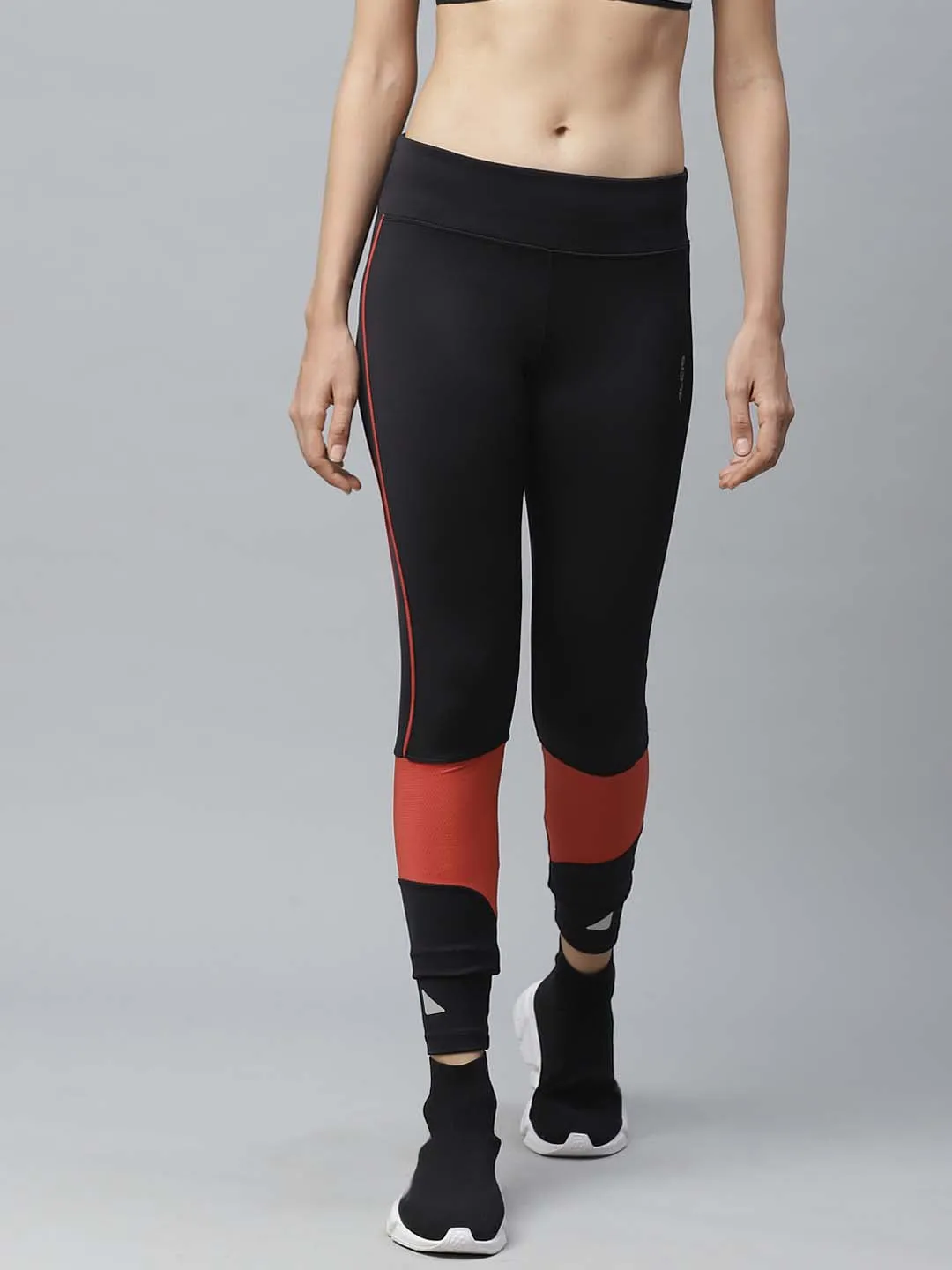 Pilates Session Soft Touch Alcis Women Black Rust Orange Colourblocked Fitted Cropped Running Tights