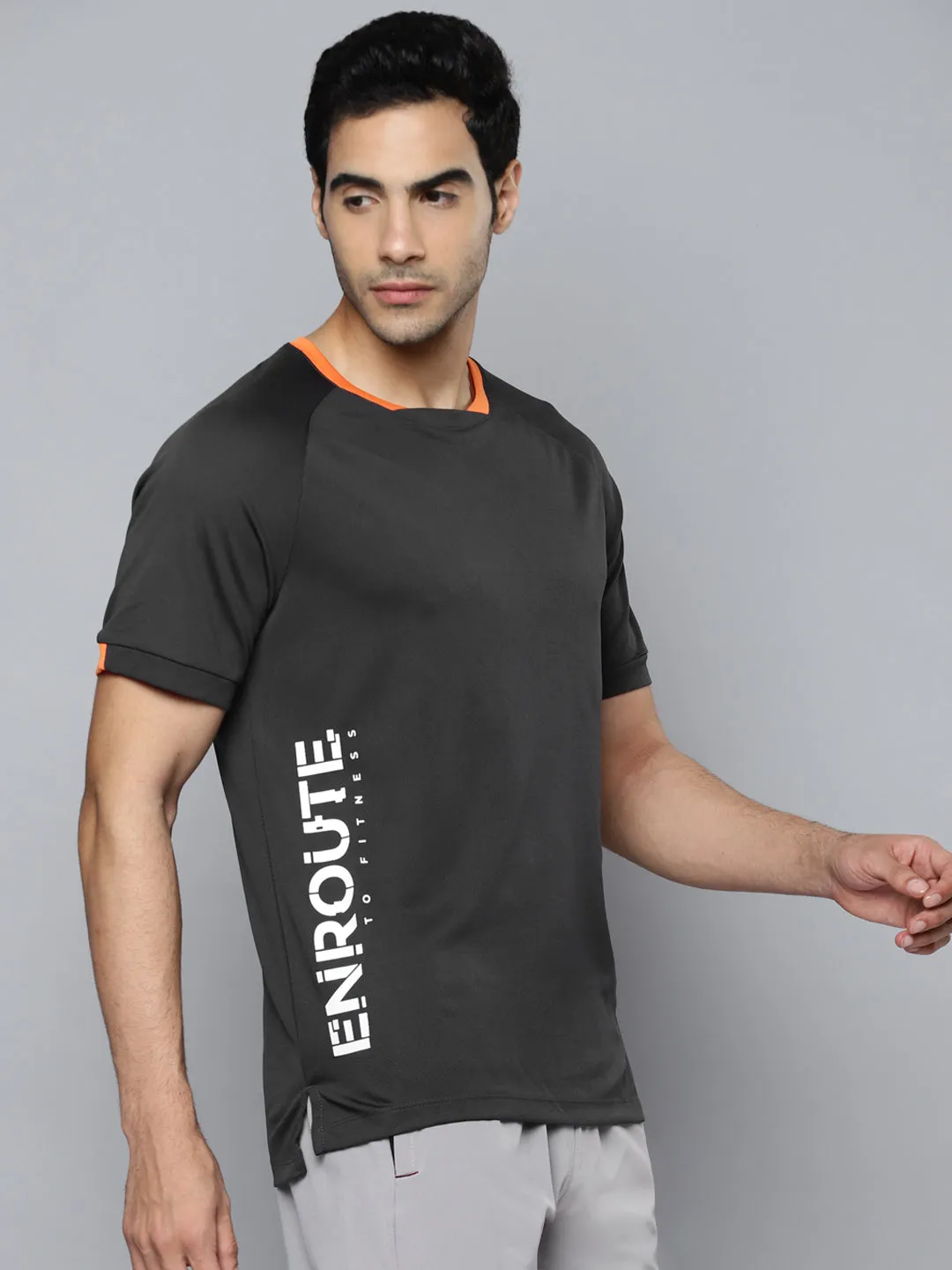 Alcis Men Charcoal Typography Printed Slim Fit T-shirt DoubleStitched