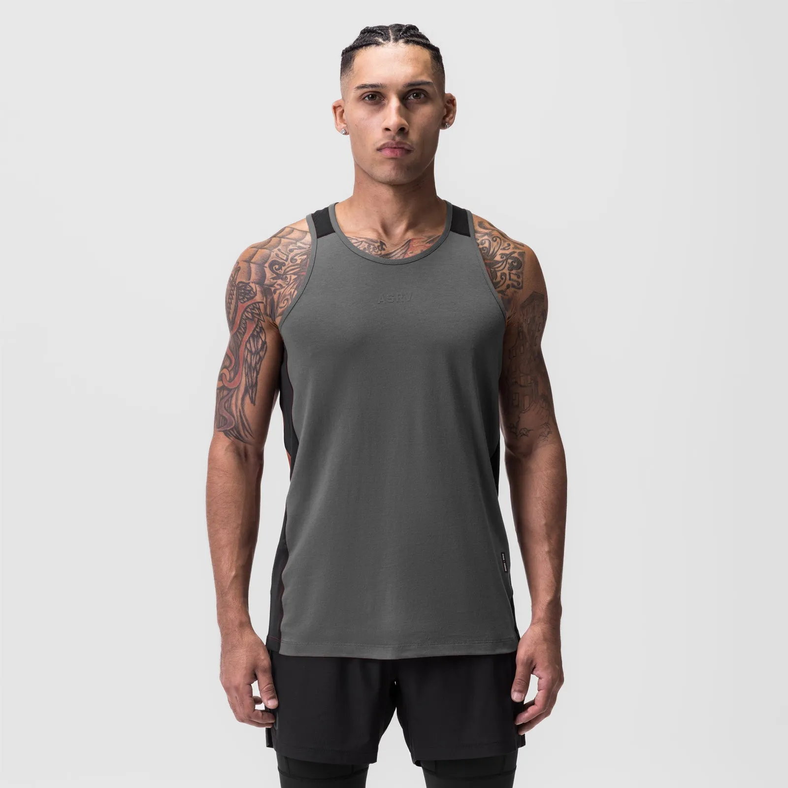 0809. Supima? Mesh Panel Training Singlet - Space Grey food storage