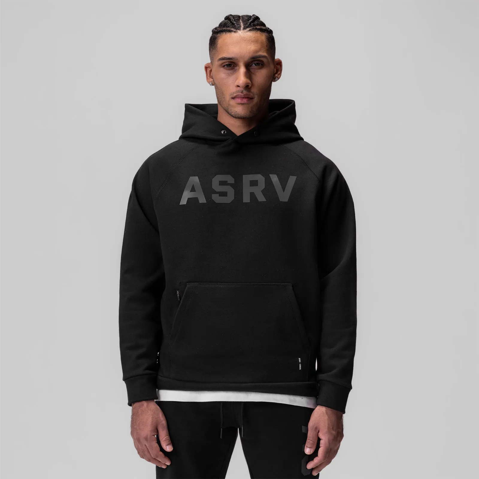 0905. Tech-Terry? Weather-Ready Training Hoodie - Black "ASRV" Oversized Silhouette Layered Hood Design
