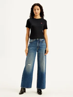 Women's Indigo Ribcage Bell Bottom Wide Leg Fit High Rise Jeans Comfort waistband Neutral Choice