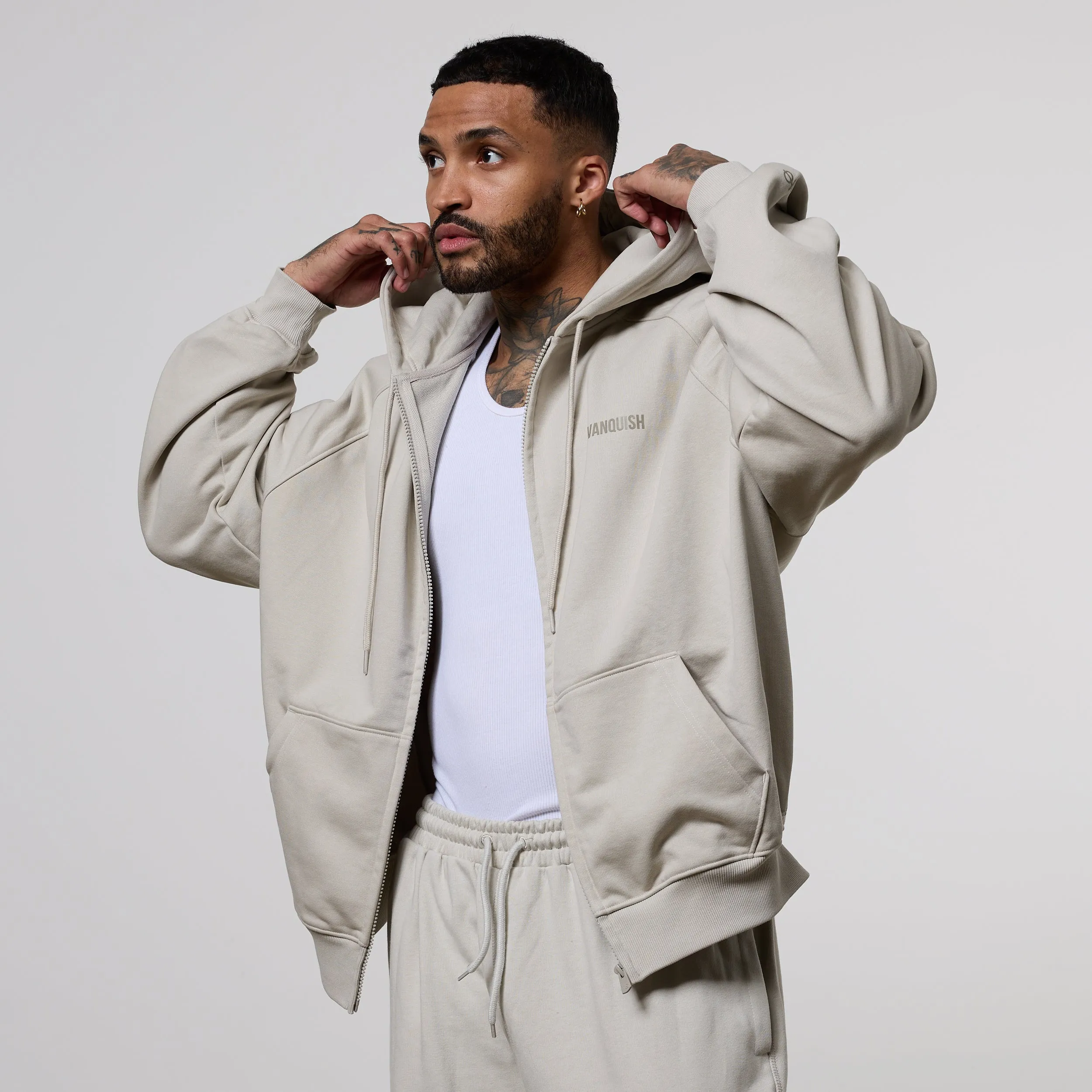 Vanquish Essential Stone Oversized Boxy Hoodie Button up pockets