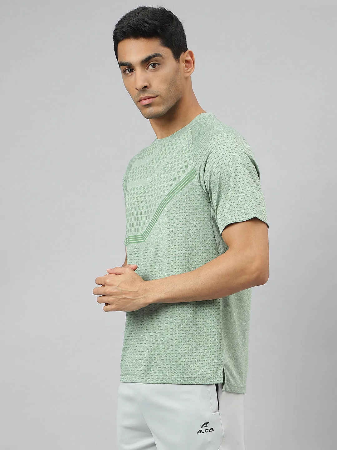 Run Glow Alcis Men Frost Green Anti-Static Slim-Fit Round Neck Distance Running T-Shirt