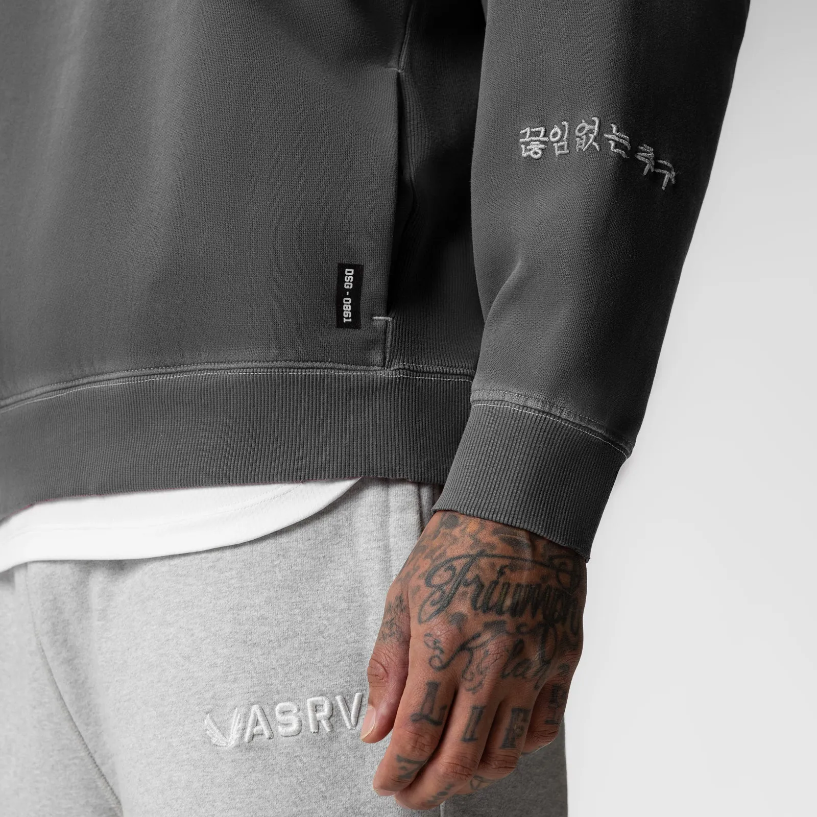 0861. Tech Essential? Distressed Crewneck - Faded Grey Eco Conscious Material