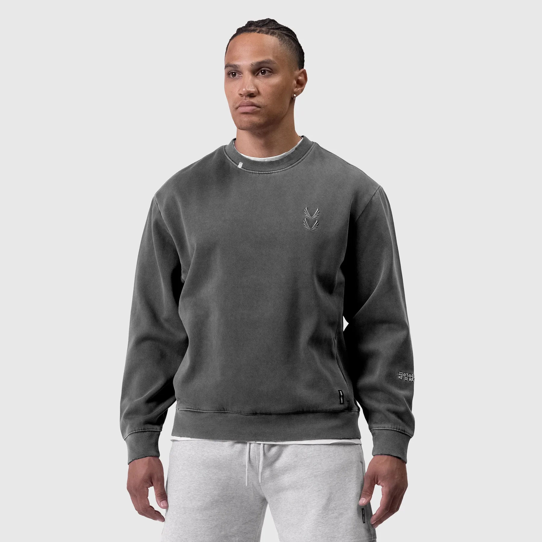 0861. Tech Essential? Distressed Crewneck - Faded Grey Zippered Closure