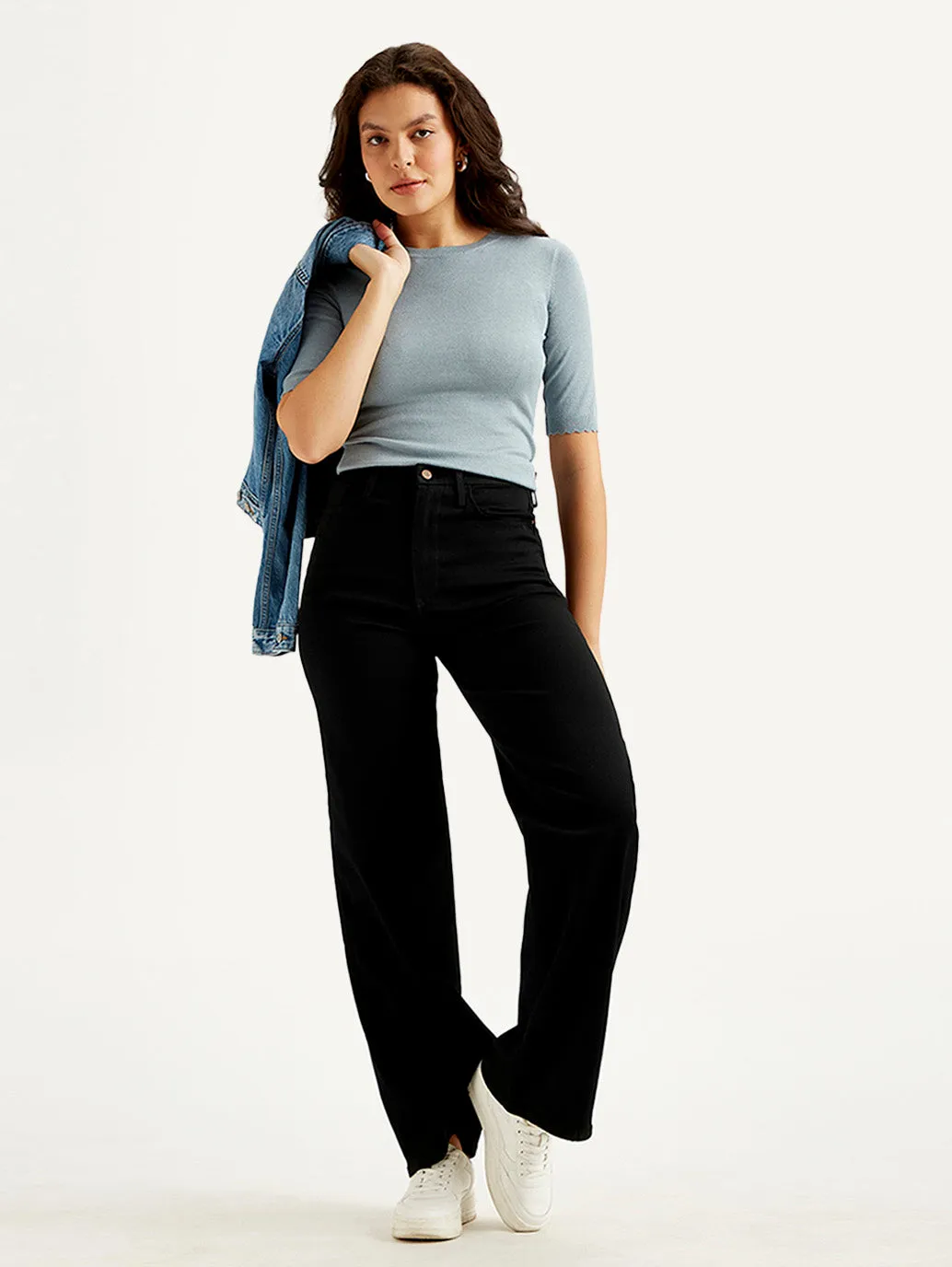 Women's Redloop Black Ribcage Bell Bottom Wide Leg Fit Mid Rise Jeans Spring Mood Outdoor Enthusiast Formal Elegant Vibrant Textured