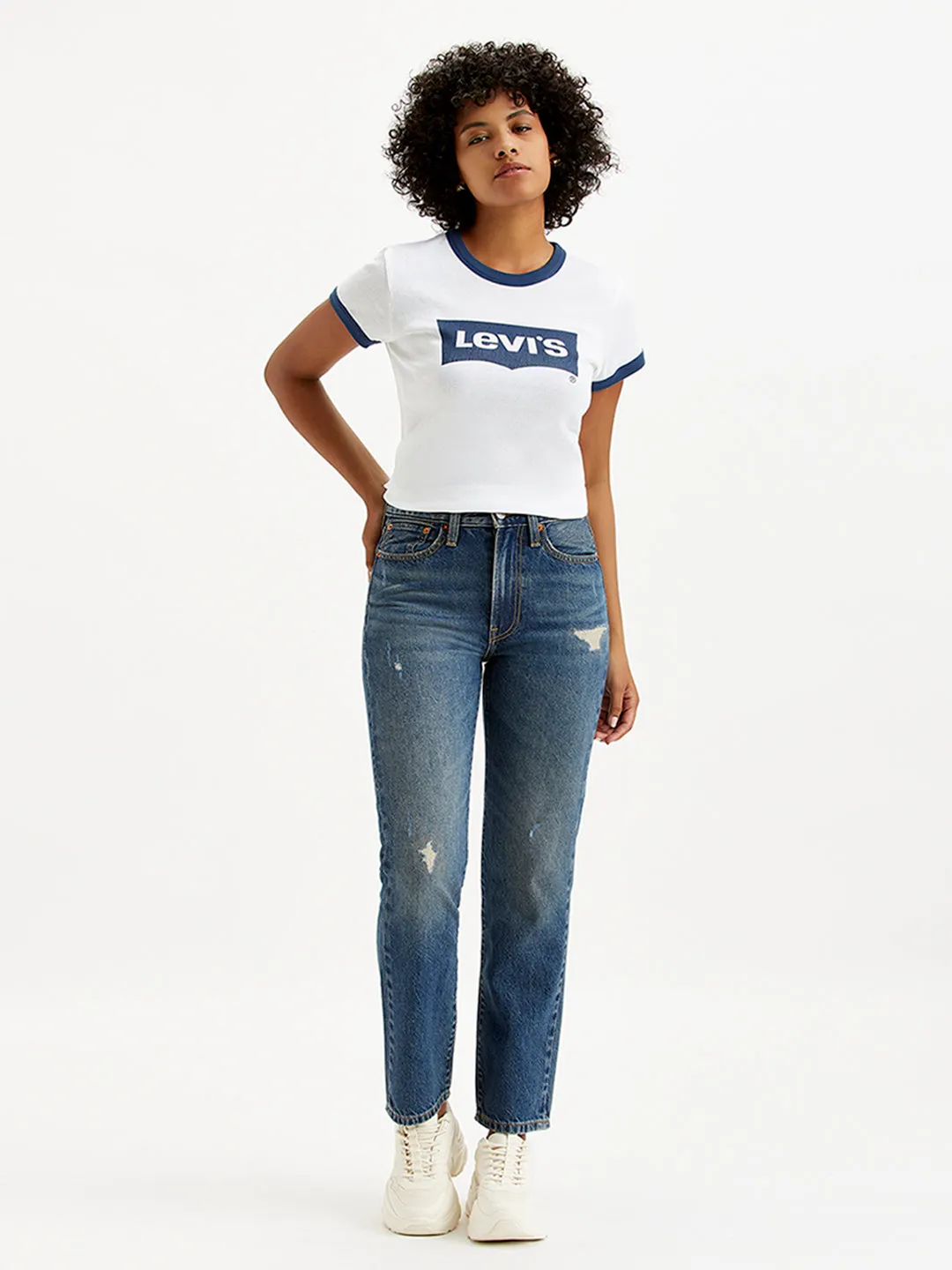 Loose Textured Travel Outfit Women's Blue Wedgie Straight Fit Mid Rise Jeans