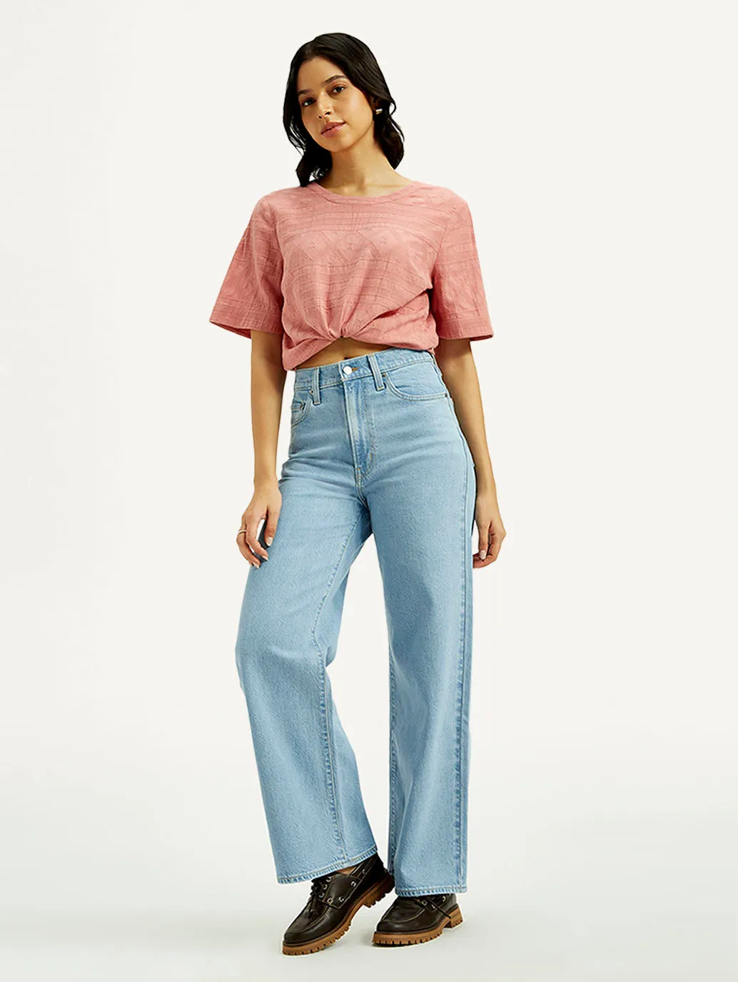 Formal Classic Wear Loose Urban Casual Women's Light Indigo Ribcage Wide Leg Fit High Rise Jeans