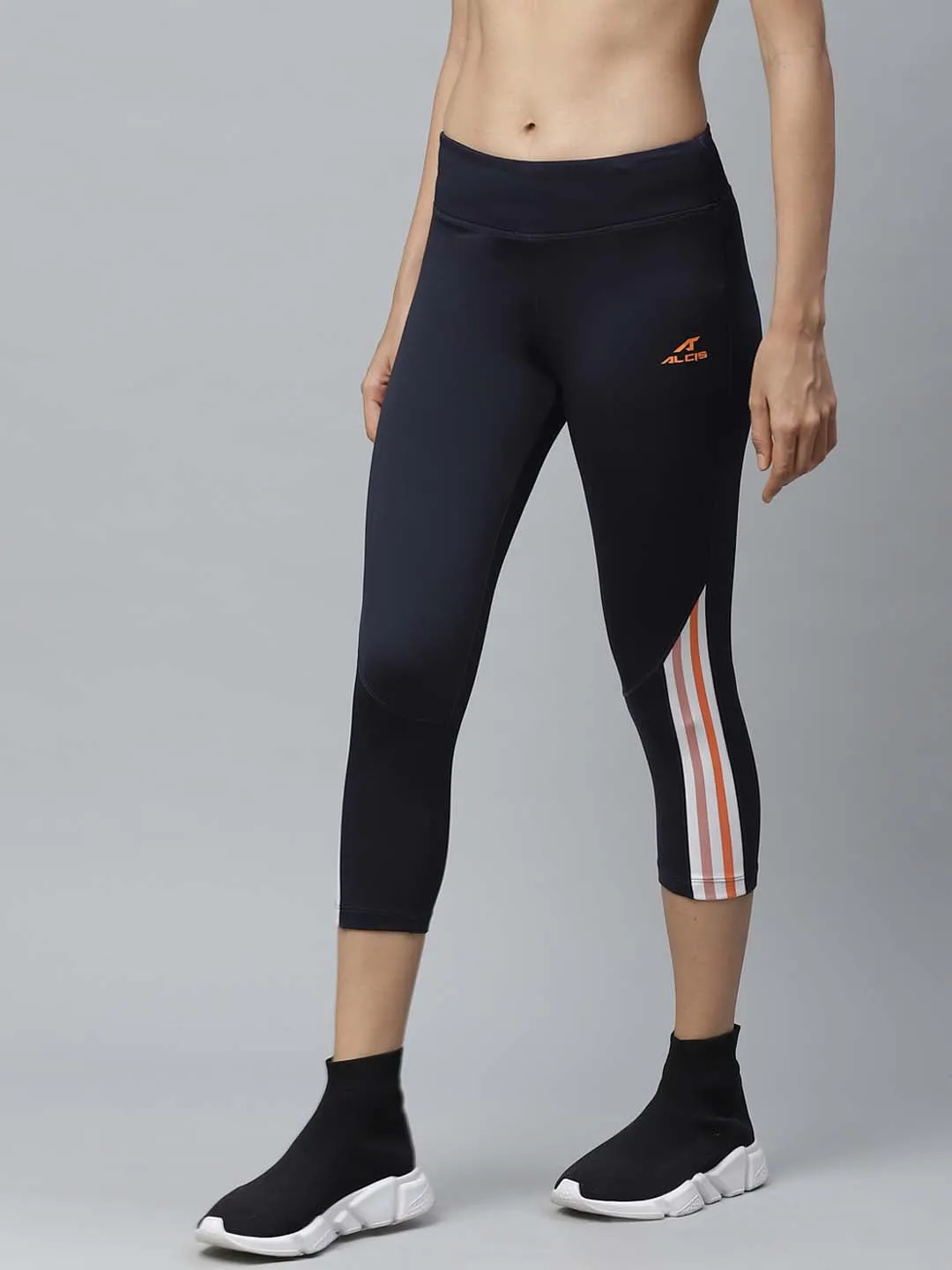 Fade Resistant Studio Practice Low Profile Alcis Women Navy Blue Striped Detail Fitted Training Three Fourth Tights
