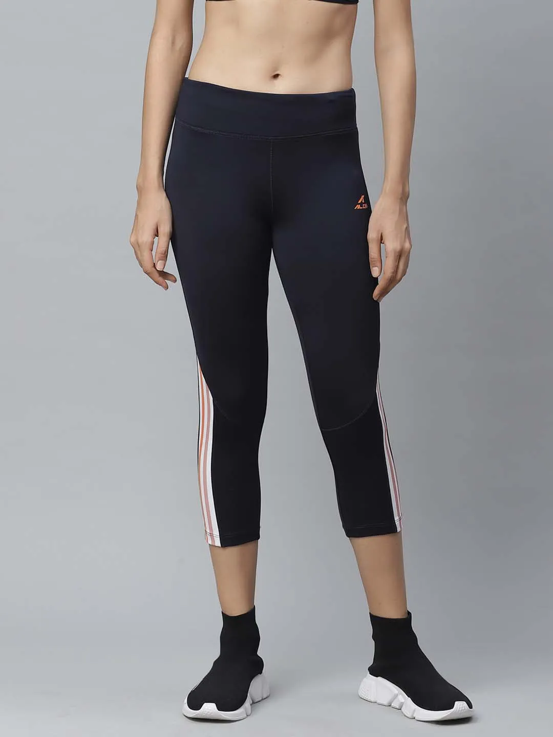 Alcis Women Navy Blue Striped Detail Fitted Training Three Fourth Tights Morning Jog Shape Retain Abrasion resistant