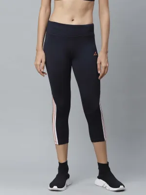 Alcis Women Navy Blue Striped Detail Fitted Training Three Fourth Tights Morning Jog Shape Retain Abrasion resistant