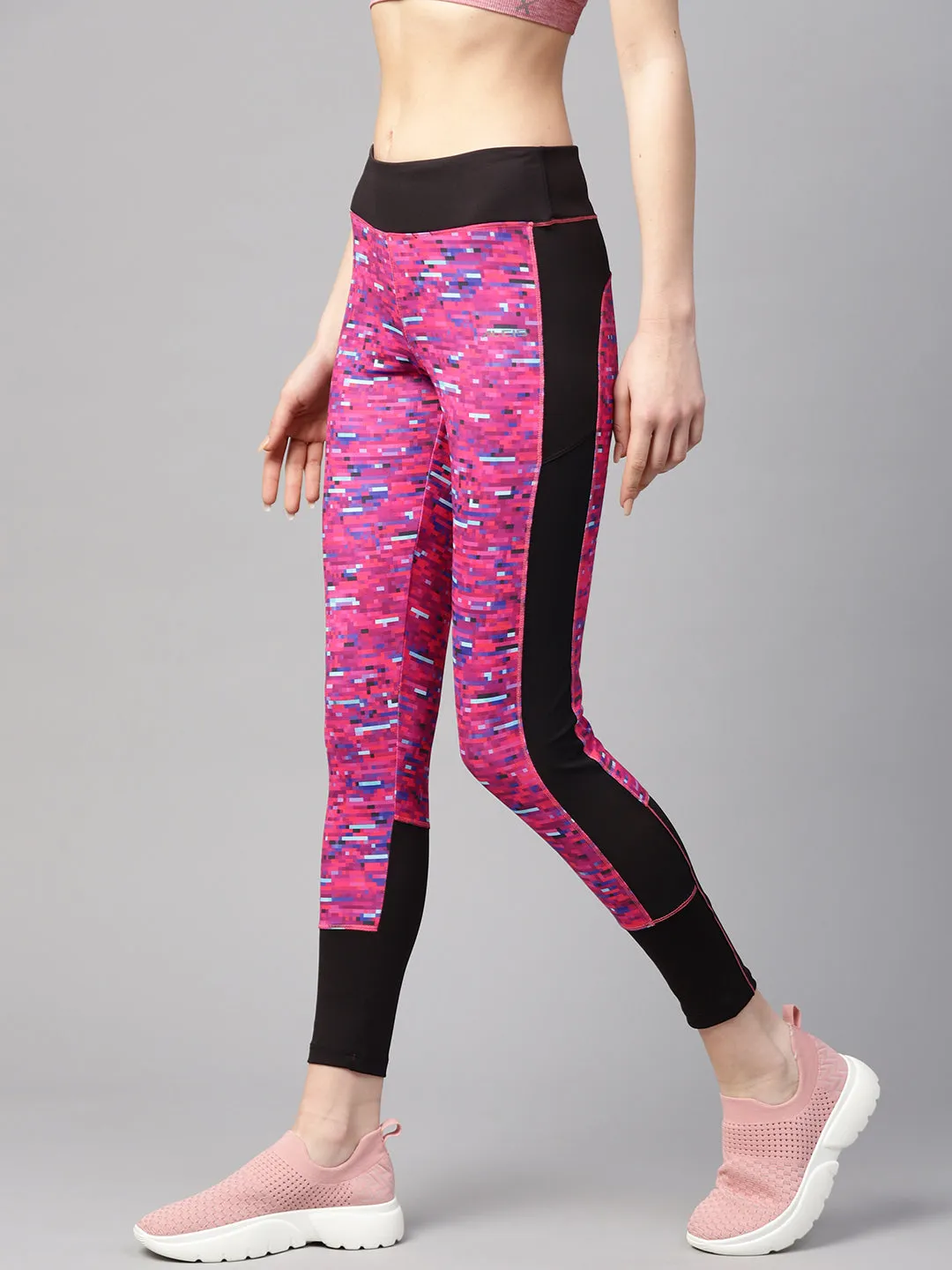 Alcis Women Pink Black Abstract Print Tights Smart Fit