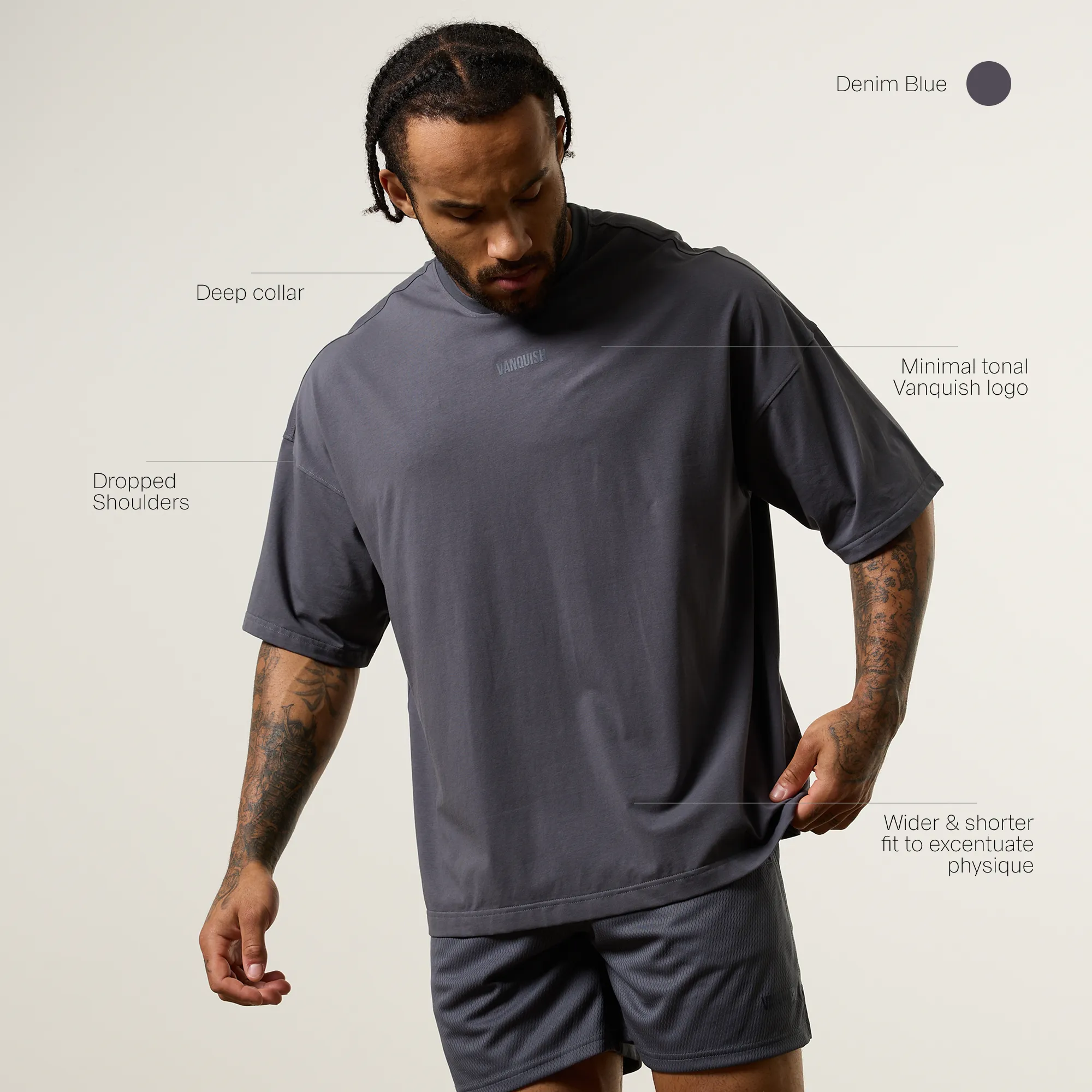 Vanquish Essential V2 Denim Blue Oversized Boxy T Shirt Boat neck style