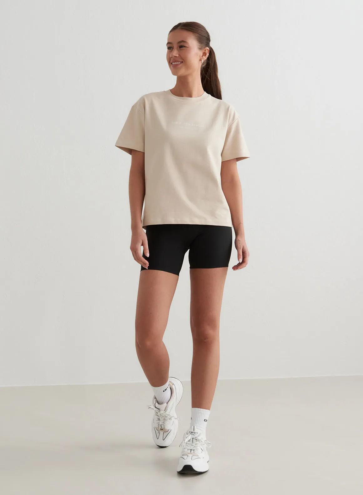 Wide Neck Opening Caf?? Au Lait Serif Boxy T-shirt
