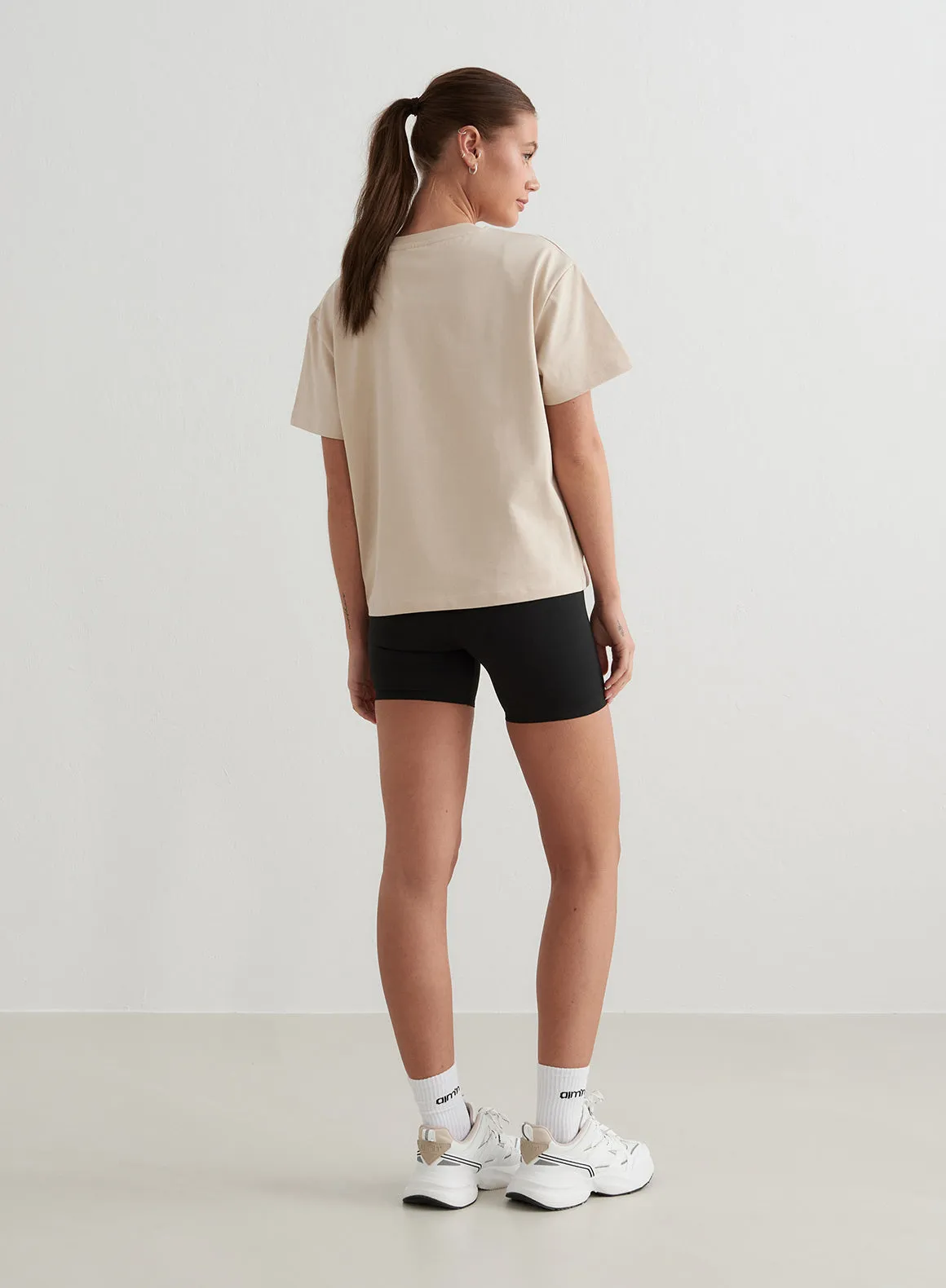 theater visit Ethically Sourced Material Caf?? Au Lait Serif Boxy T-shirt