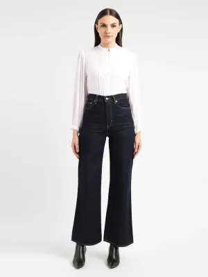 Women's Navy Blue Ribcage Bell Bottom Wide Leg Fit High Rise Jeans Light Outfit Cool Texture